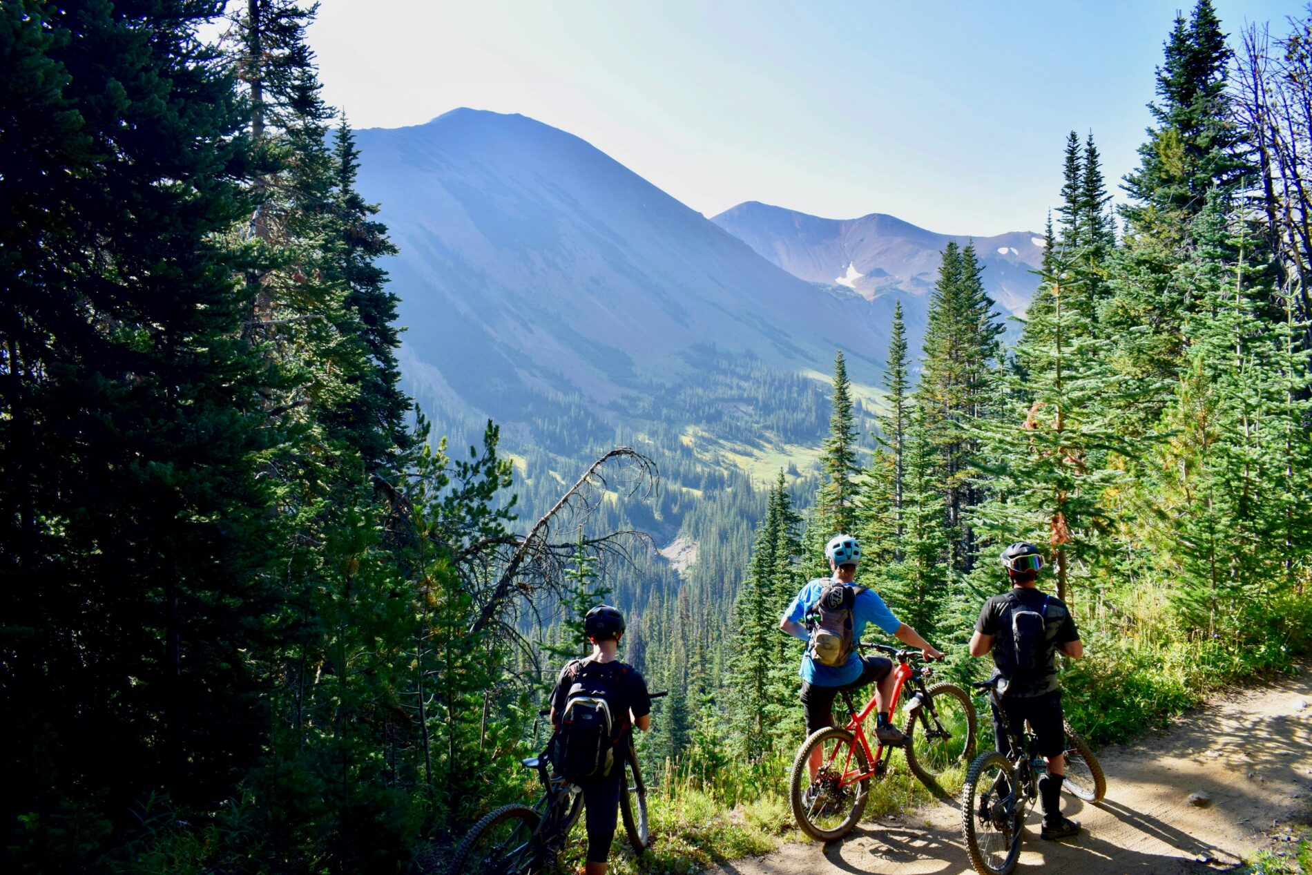 Drei Mountainbiker machen auf einem Trail eine Pause und genießen die malerische Aussicht auf die Berge. Fitness im Freien.