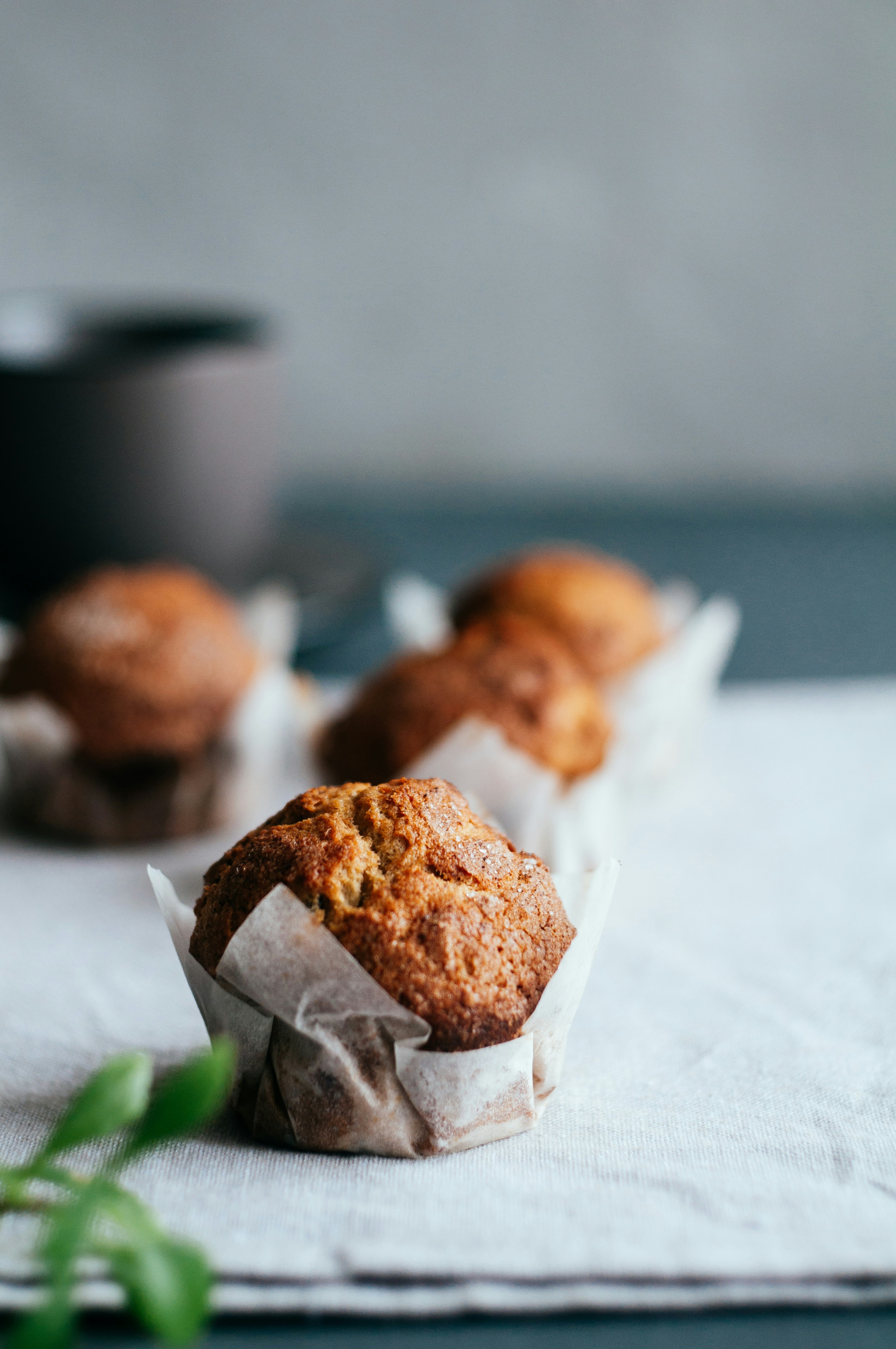 Drei vegane Muffins in Backförmchen auf Leinen, perfekt für Sommerpicknicks.