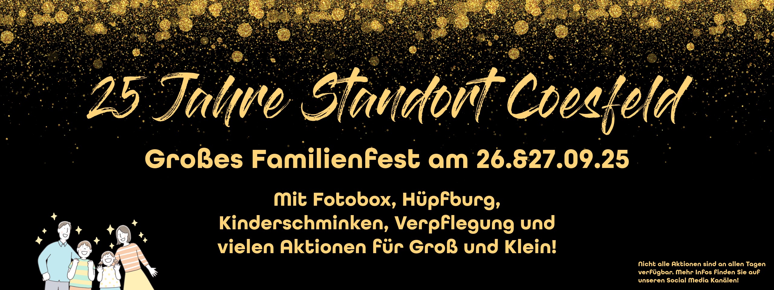 Familienfest zum 25. Jubiläum in Coesfeld, Deutschland. Die Feier umfasst Fotokabine, Hüpfburg, Kinderschminken, Essen und Aktivitäten für alle Altersgruppen.