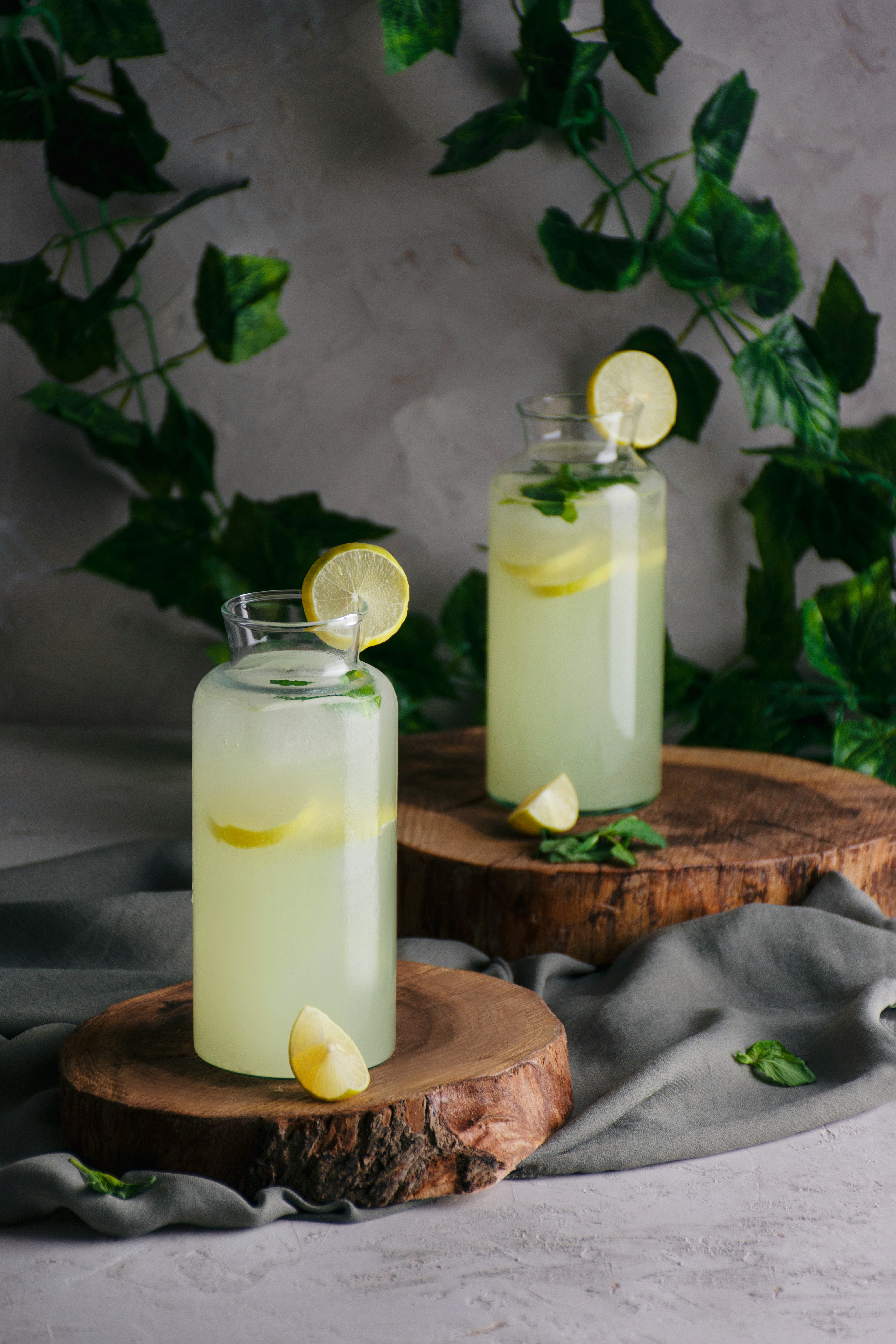 Zwei erfrischende hausgemachte Limonadengetränke mit Zitronenscheiben und Minze, perfekt für heiße Sommertage.