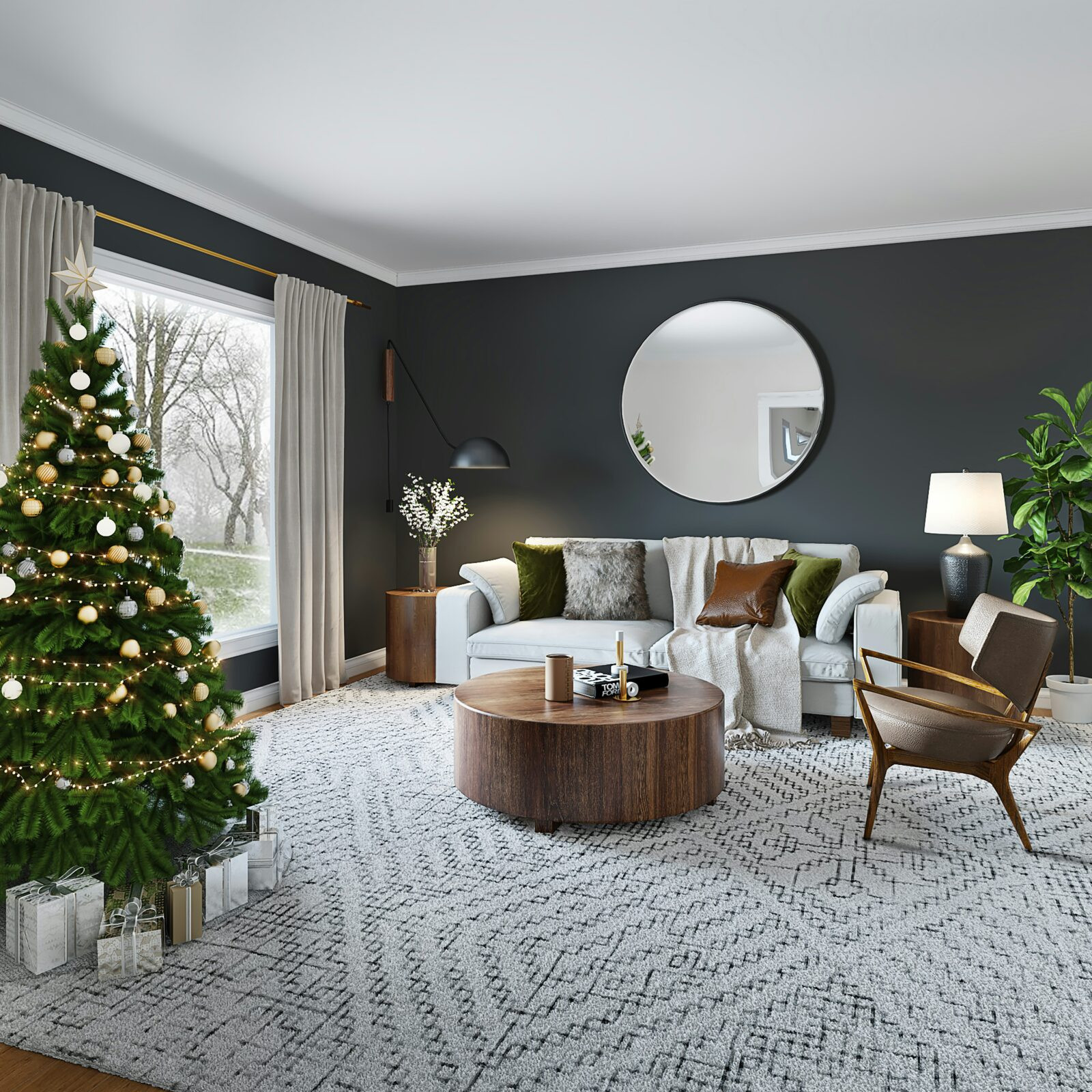 Festlich geschmückter Weihnachtsbaum im Wohnzimmer mit gemütlicher Weihnachtsdekoration für stimmiges Ambiente.